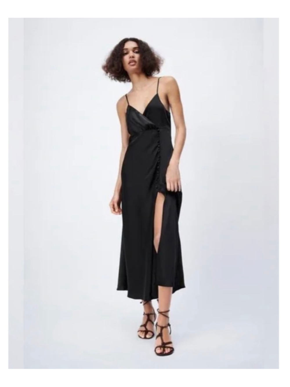 Women's ZARA Black Satin Midi Slip Dress with Slit M size Medium - Picture 4 of 10